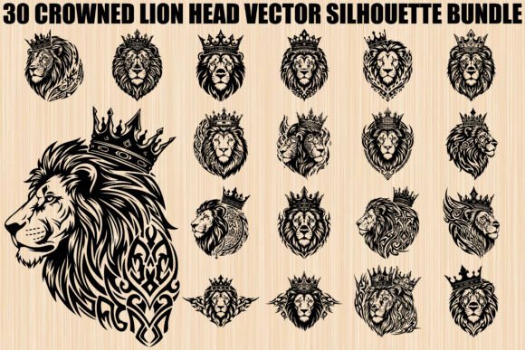 Crowned Lion Head Silhouette Bundle: Graphics & Illustrations