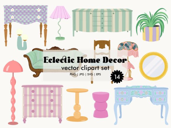 Eclectic Home Decor Retro Clipart Set: Graphics & Illustrations