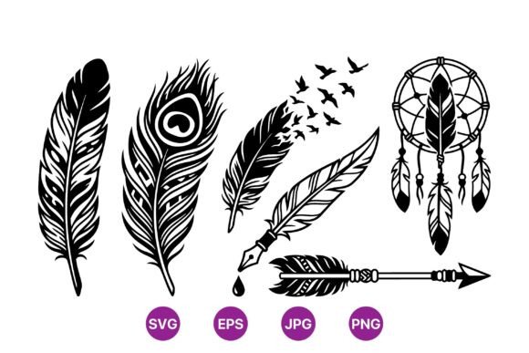 Elegant Feather SVG Collection: Monochrome Illustrations & Graphics