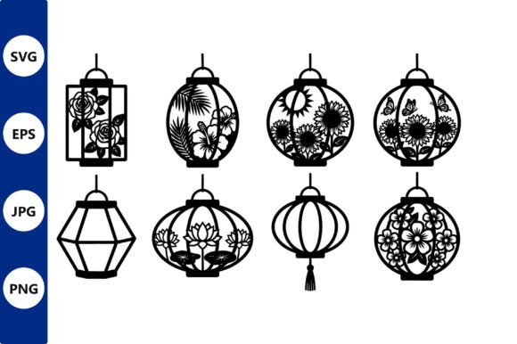 Floral Lanterns Line Art Set: Graphics & Illustrations