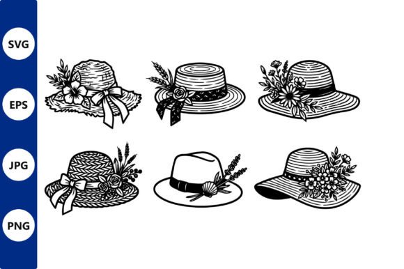 Floral Straw Hats Line Art Vector: Graphics & Illustrations