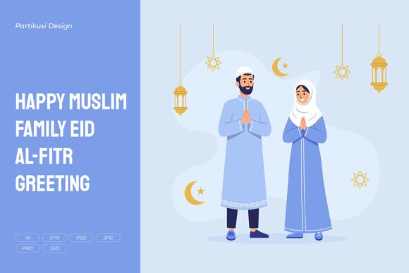 Happy Muslim Family Eid Al-Fitr Greeting Graphics