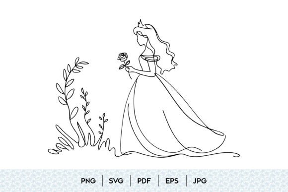 Princess with Rose One Line Art: Graphics & Illustrations