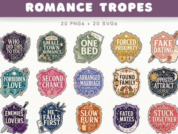 Romance Tropes Badge Clipart Bookish PNG: Graphics & Illustrations
