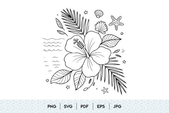 Tropical Hibiscus Line Art: Graphics & Illustrations for Real Publishing