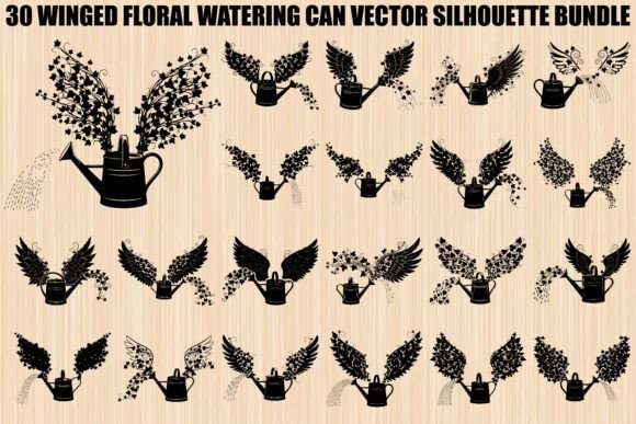 Winged Watering Can Silhouette Bundle: Graphics & Illustrations